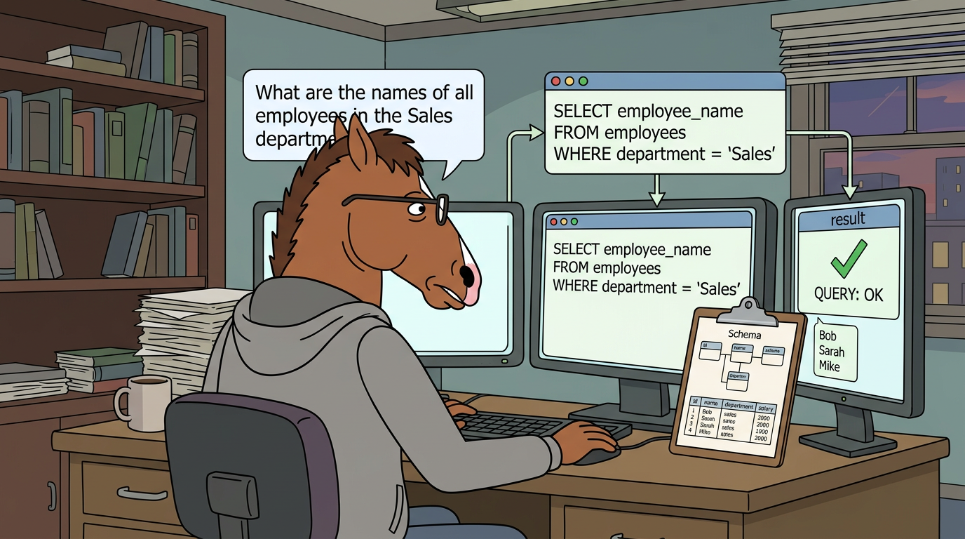 An engaged Bojack interacting with a text-to-SQL agent