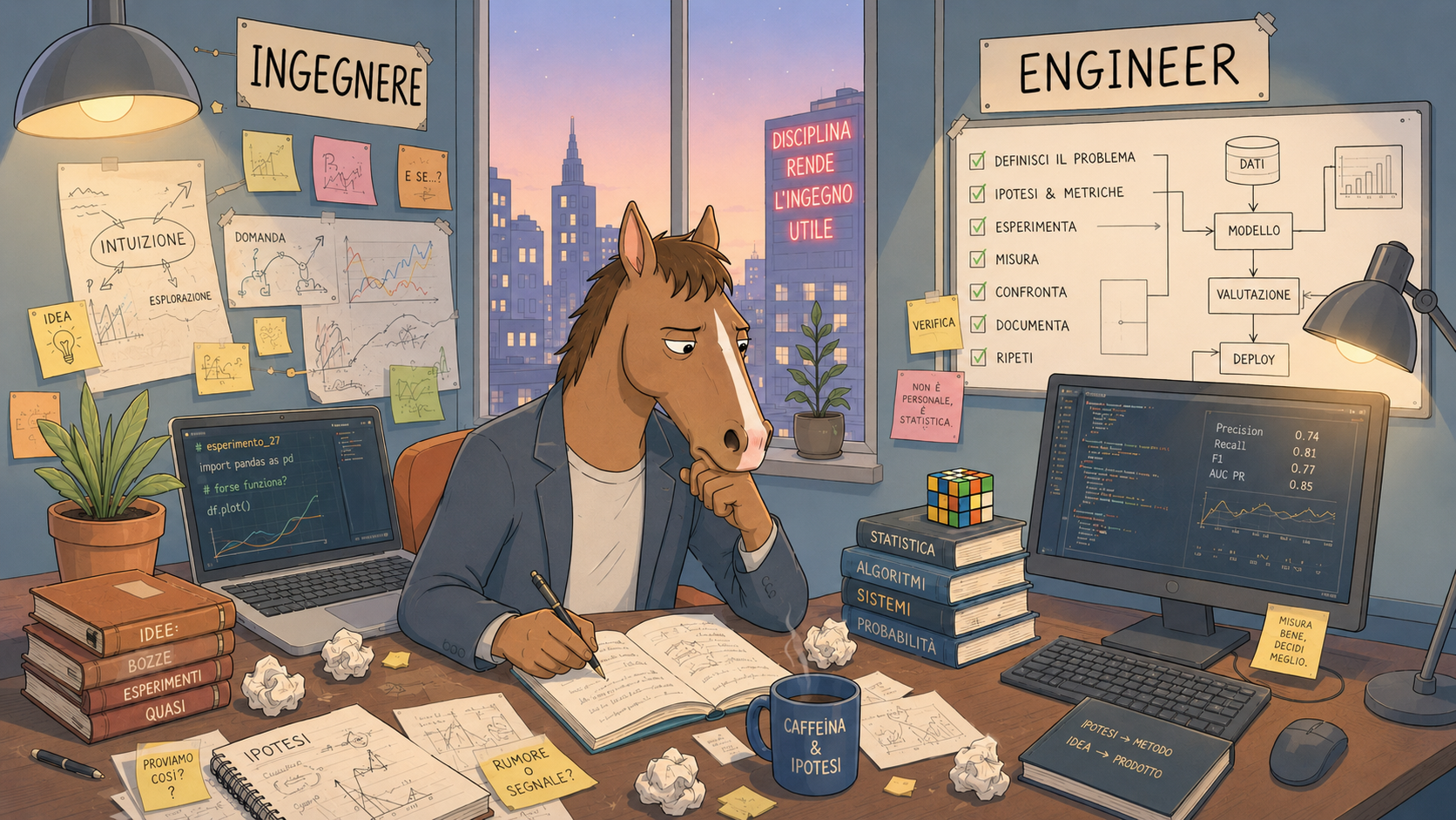 un bojack ingegnere che studia come trasformare un'idea in marchingegno